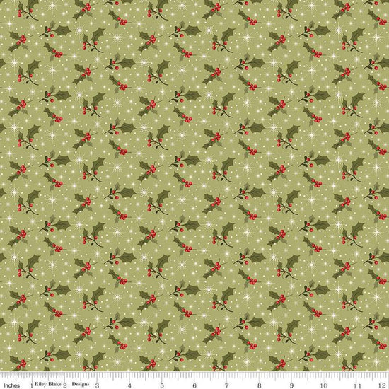Image of the Glisten Holly Olive quilting cotton fabric by Riley Blake Designs. features berries on a green background. Cute Little Fabric Shop