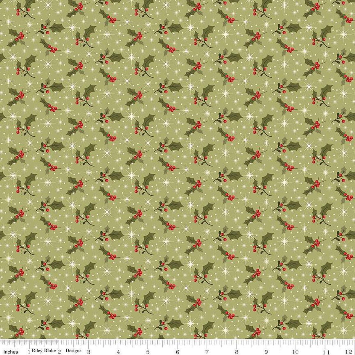 Image of the Glisten Holly Olive quilting cotton fabric by Riley Blake Designs. features berries on a green background. Cute Little Fabric Shop
