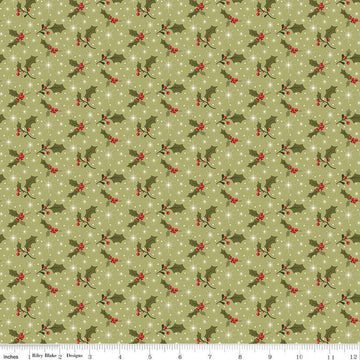 Image of the Glisten Holly Olive quilting cotton fabric by Riley Blake Designs. features berries on a green background. Cute Little Fabric Shop
