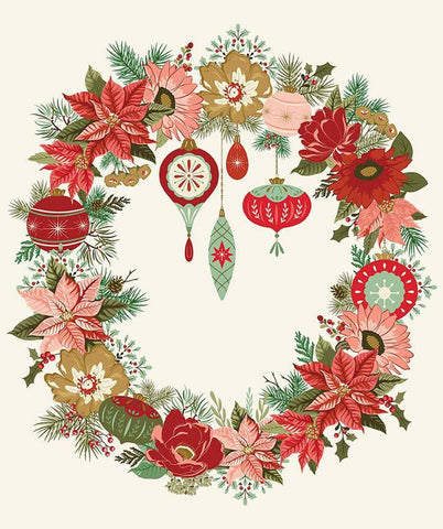 SALE Glisten Wreath Panel by Riley Blake Designs - DIGITALLY PRINTED - Wreath Flowers Ornaments - Quilting Cotton Fabric