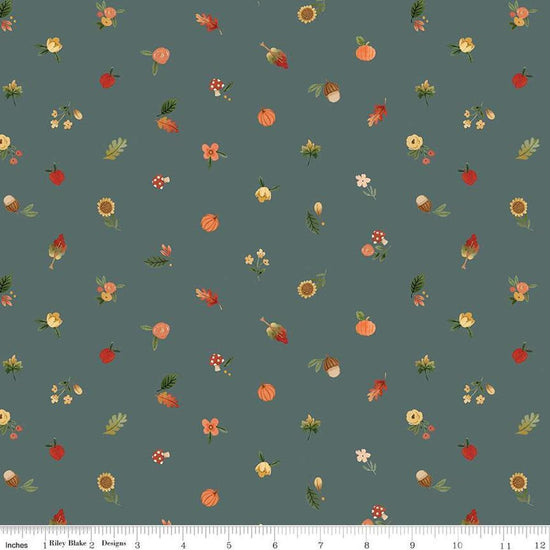 Image of the Happy Fall Days Fall Things Teal quilting cotton fabric by Riley Blake Designs. Features icons on a teal background. Cute Little Fabric Shop