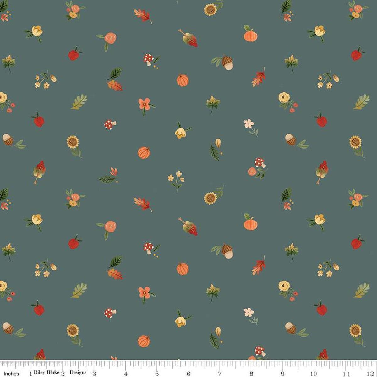 Image of the Happy Fall Days Fall Things Teal quilting cotton fabric by Riley Blake Designs. Features icons on a teal background. Cute Little Fabric Shop