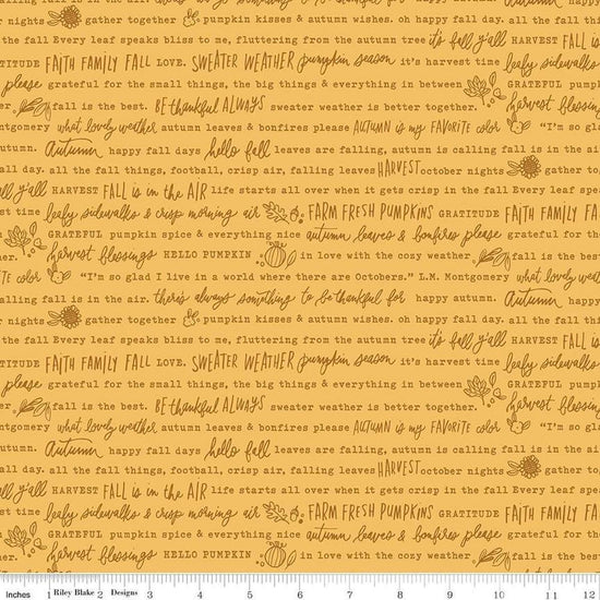 Image of the Happy Fall Days Autumn Words Gold quilting cotton fabric by Riley Blake Designs. Features text on a gold background. Cute Little Fabric Shop