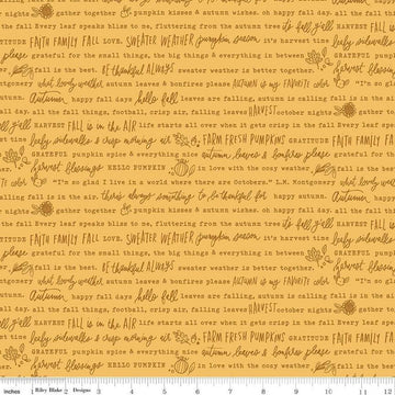Image of the Happy Fall Days Autumn Words Gold quilting cotton fabric by Riley Blake Designs. Features text on a gold background. Cute Little Fabric Shop