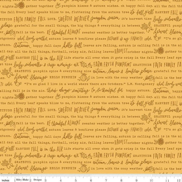 Image of the Happy Fall Days Autumn Words Gold quilting cotton fabric by Riley Blake Designs. Features text on a gold background. Cute Little Fabric Shop
