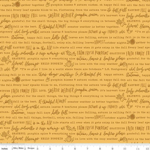 Image of the Happy Fall Days Autumn Words Gold quilting cotton fabric by Riley Blake Designs. Features text on a gold background. Cute Little Fabric Shop