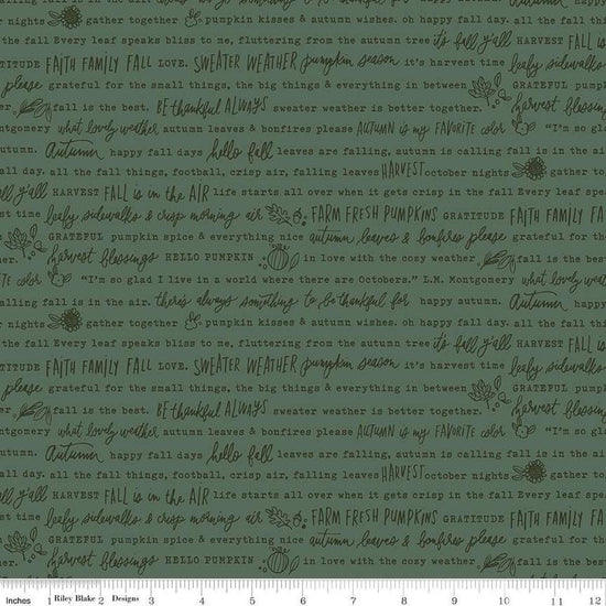 Image of the Happy Fall Days Autumn Words Green quilting cotton fabric by Riley Blake Designs. Features text on a green background. Cute Little Fabric Shop