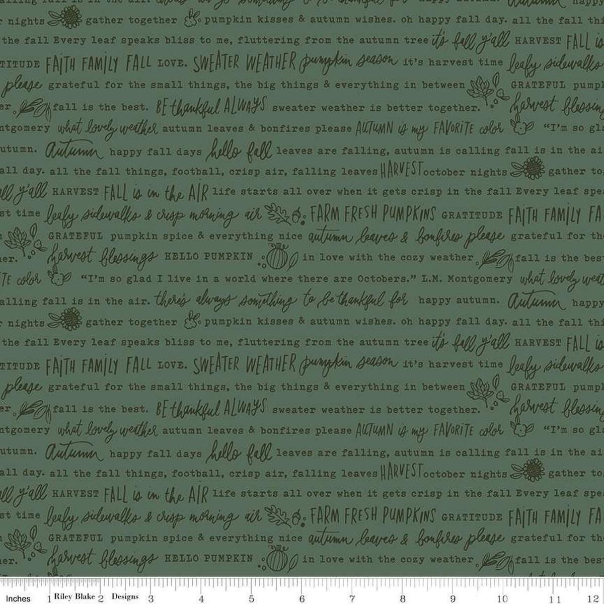 Image of the Happy Fall Days Autumn Words Green quilting cotton fabric by Riley Blake Designs. Features text on a green background. Cute Little Fabric Shop
