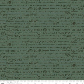 Image of the Happy Fall Days Autumn Words Green quilting cotton fabric by Riley Blake Designs. Features text on a green background. Cute Little Fabric Shop