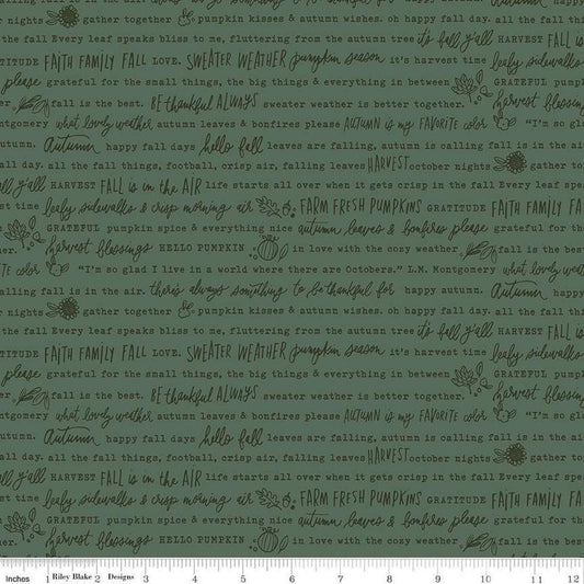 Image of the Happy Fall Days Autumn Words Green quilting cotton fabric by Riley Blake Designs. Features text on a green background. Cute Little Fabric Shop