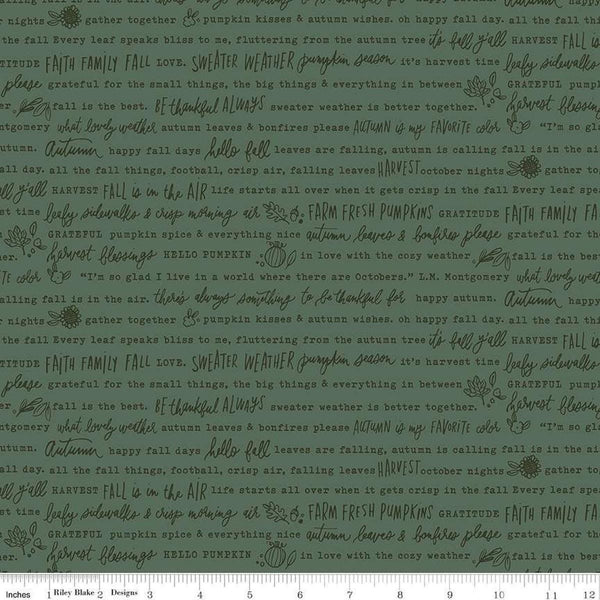 Image of the Happy Fall Days Autumn Words Green quilting cotton fabric by Riley Blake Designs. Features text on a green background. Cute Little Fabric Shop