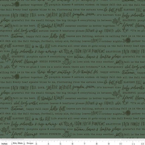 Image of the Happy Fall Days Autumn Words Green quilting cotton fabric by Riley Blake Designs. Features text on a green background. Cute Little Fabric Shop