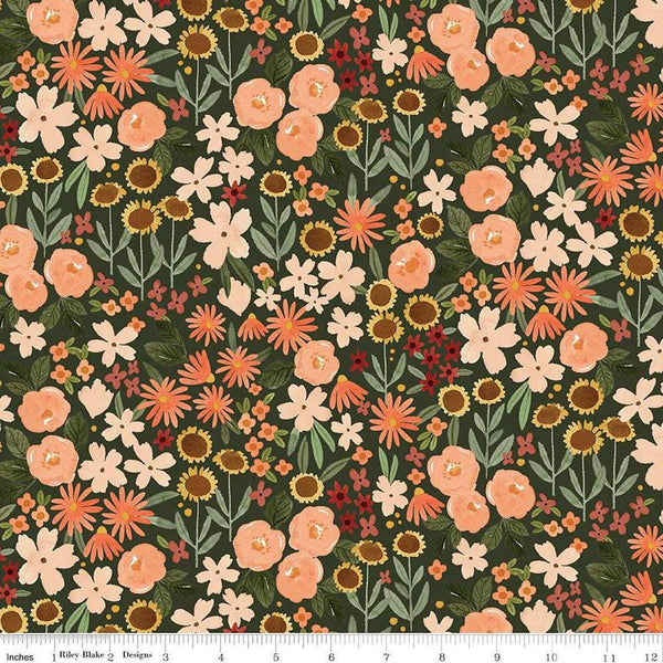 Image of the Happy Fall Days Autumn Fields Forest quilting cotton fabric by Riley Blake Designs. Features flowers on a green background. Cute Little Fabric Shop