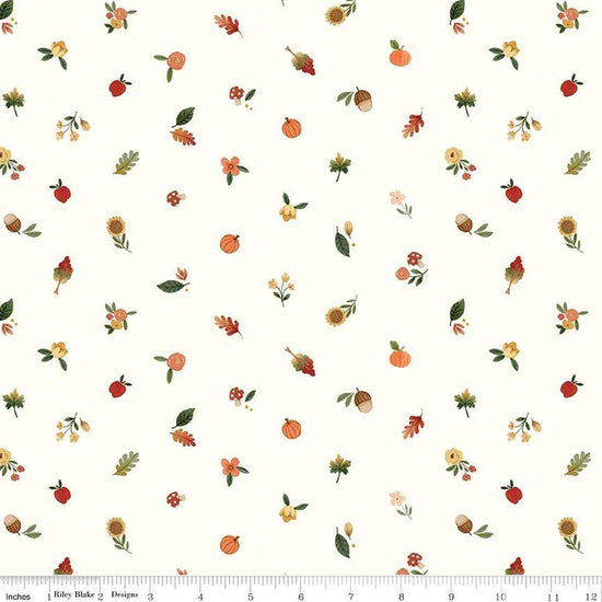 Image of the Happy Fall Days Fall Things Cloud quilting cotton fabric by Riley Blake Designs. Features icons on a cream background. Cute Little Fabric Shop