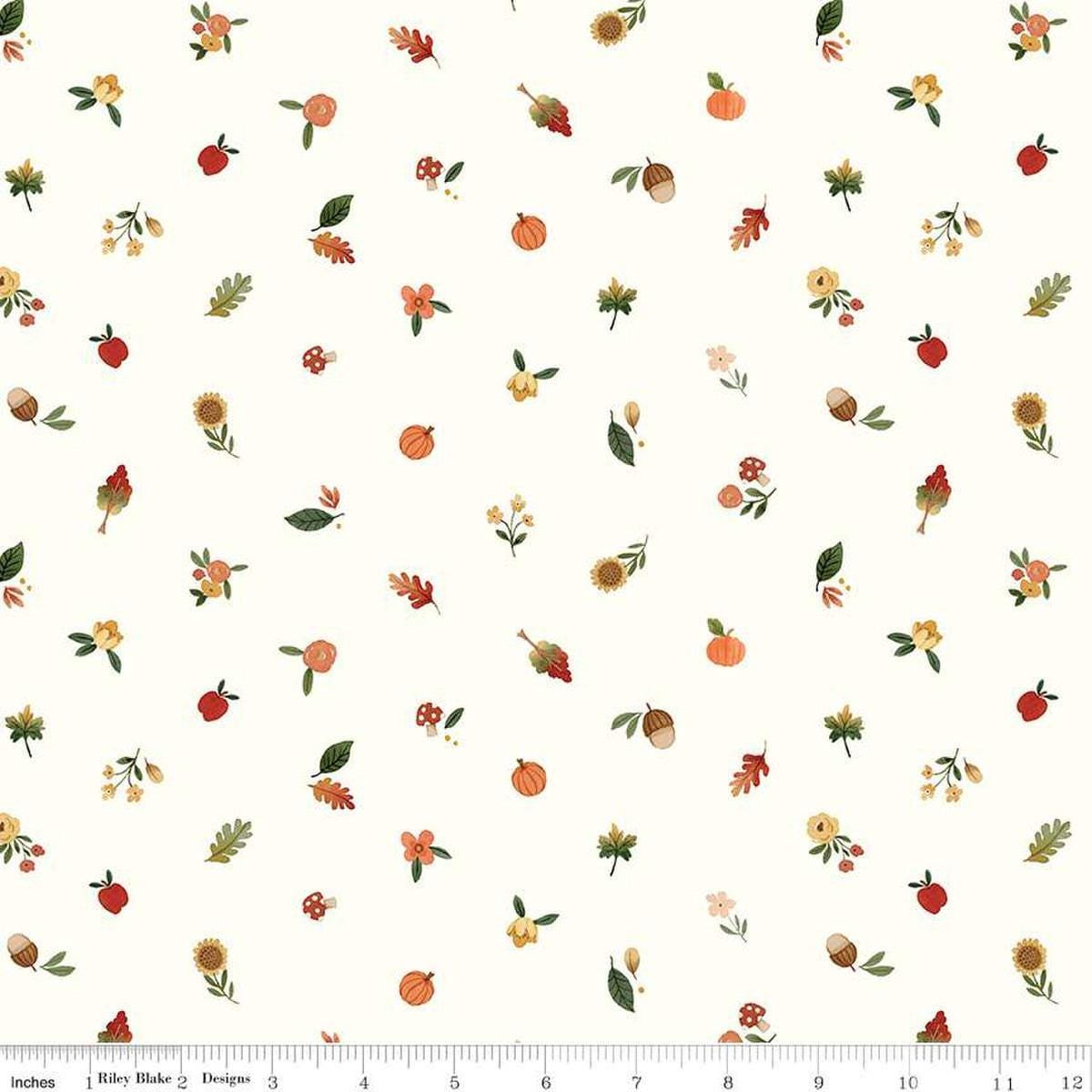 Image of the Happy Fall Days Fall Things Cloud quilting cotton fabric by Riley Blake Designs. Features icons on a cream background. Cute Little Fabric Shop