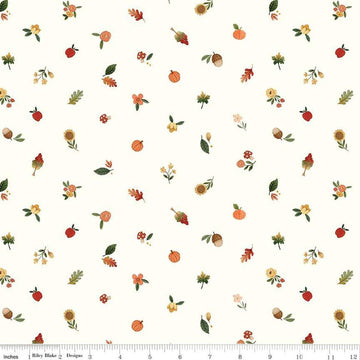 Image of the Happy Fall Days Fall Things Cloud quilting cotton fabric by Riley Blake Designs. Features icons on a cream background. Cute Little Fabric Shop