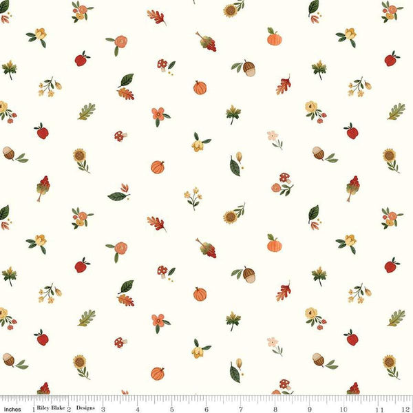Image of the Happy Fall Days Fall Things Cloud quilting cotton fabric by Riley Blake Designs. Features icons on a cream background. Cute Little Fabric Shop