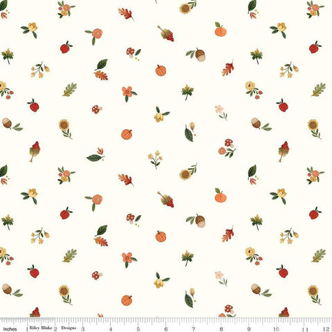 Image of the Happy Fall Days Fall Things Cloud quilting cotton fabric by Riley Blake Designs. Features icons on a cream background. Cute Little Fabric Shop