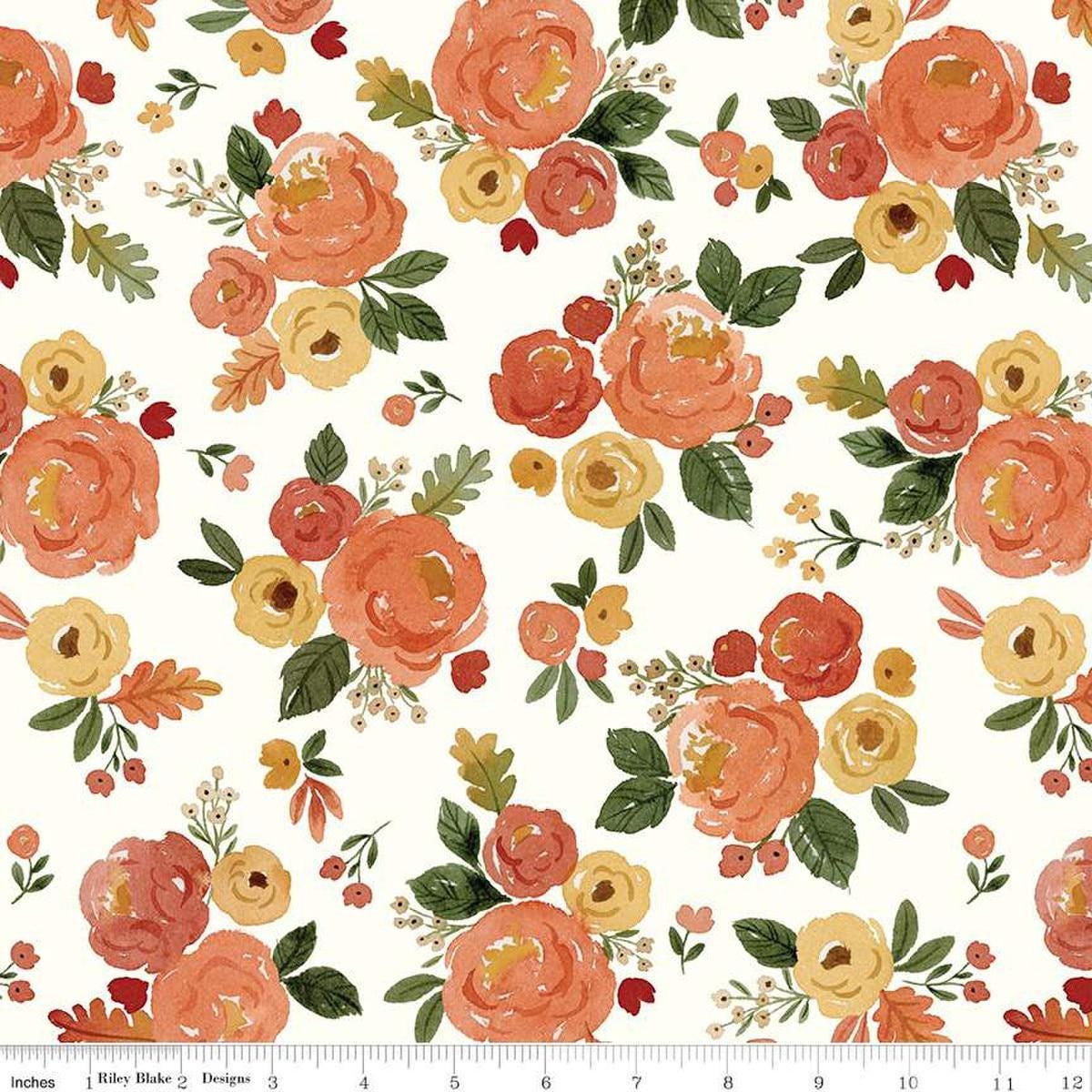 Image of the Happy Fall Days Main Cloud quilting cotton fabric by Riley Blake Designs. Features flowers on an white background. Cute Little Fabric Shop