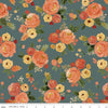 Image of the Happy Fall Days Main Teal quilting cotton fabric by Riley Blake Designs. Features flowers on a blue background. Cute Little Fabric Shop
