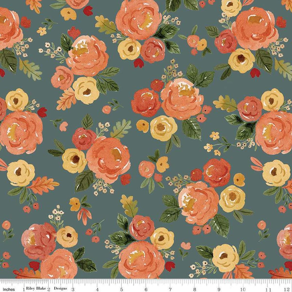 Image of the Happy Fall Days Main Teal quilting cotton fabric by Riley Blake Designs. Features flowers on a blue background. Cute Little Fabric Shop