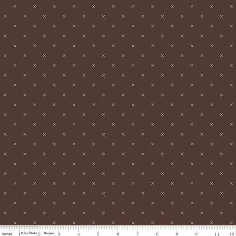 Bee Cross Stitch C745 Raisin by Riley Blake Designs - Off-White Cloud Xs on Brown Geometric - Lori Holt - Quilting Cotton Fabric