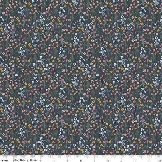 Image of the Honey Locust Meadow Lead quilting cotton fabric by Riley Blake Designs. Features flowers on a gray background