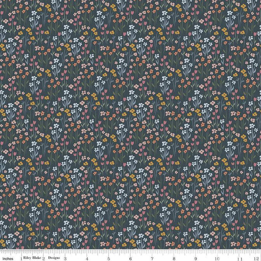 Image of the Honey Locust Meadow Lead quilting cotton fabric by Riley Blake Designs. Features flowers on a gray background