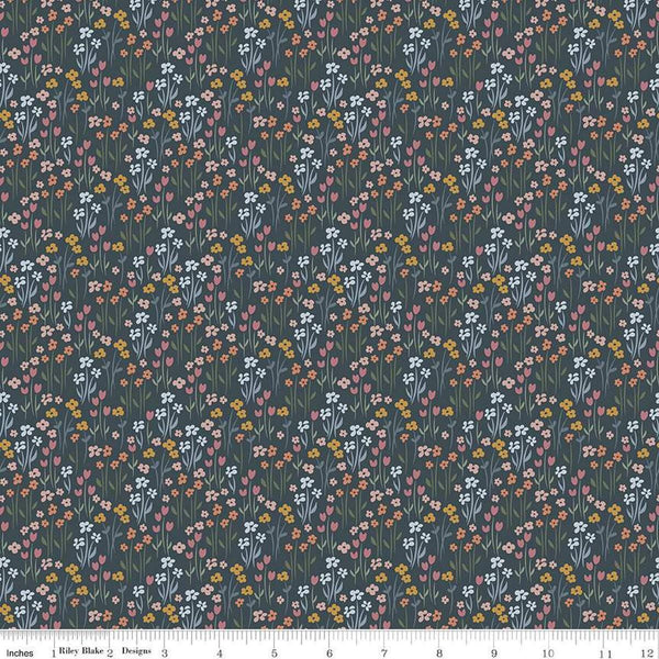 Image of the Honey Locust Meadow Lead quilting cotton fabric by Riley Blake Designs. Features flowers on a gray background