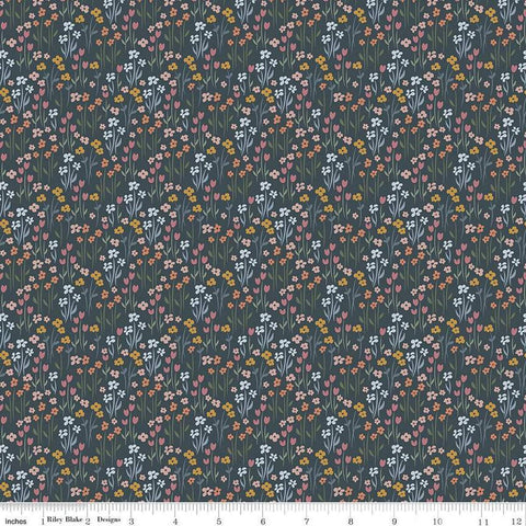Image of the Honey Locust Meadow Lead quilting cotton fabric by Riley Blake Designs. Features flowers on a gray background