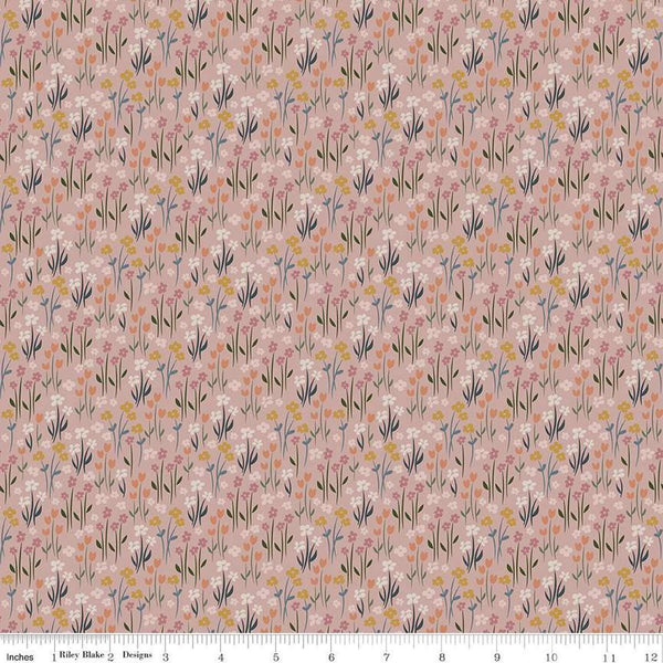 Image of the Honey Locust Meadow Petal quilting cotton fabric by Riley Blake Designs. Features flowers on a pink background.