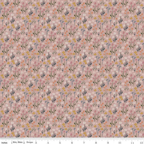 Image of the Honey Locust Meadow Petal quilting cotton fabric by Riley Blake Designs. Features flowers on a pink background.