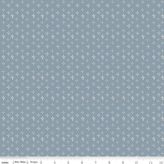 Image of the Honey Locust Daisies Sky quilting cotton fabric by Riley Blake Designs. Features flowers on a blue background.