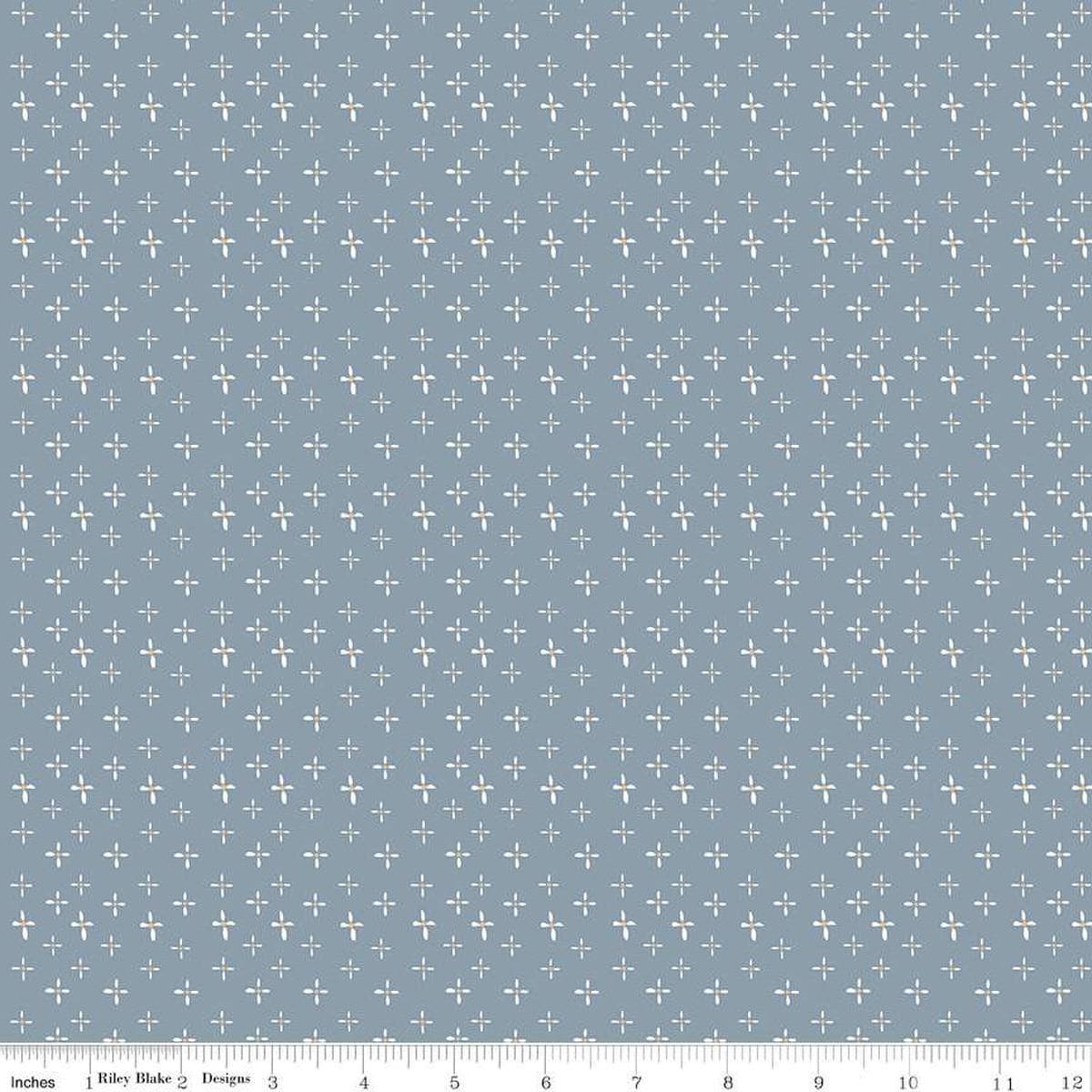 Image of the Honey Locust Daisies Sky quilting cotton fabric by Riley Blake Designs. Features flowers on a blue background.