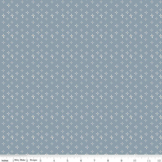 Image of the Honey Locust Daisies Sky quilting cotton fabric by Riley Blake Designs. Features flowers on a blue background.