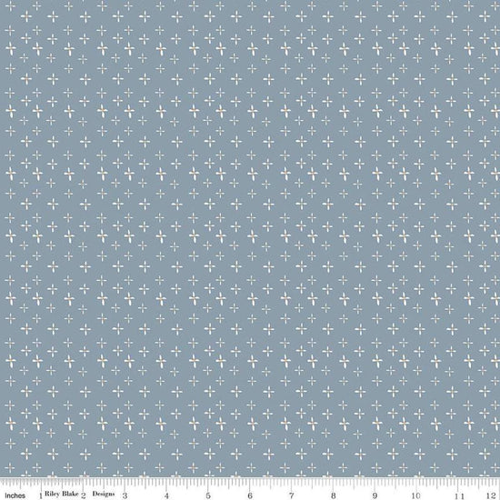 Image of the Honey Locust Daisies Sky quilting cotton fabric by Riley Blake Designs. Features flowers on a blue background.