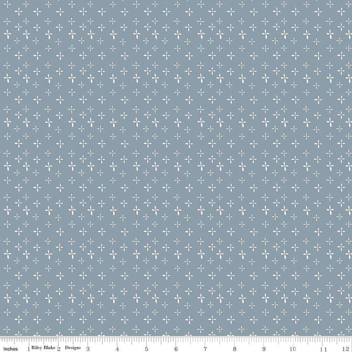 Image of the Honey Locust Daisies Sky quilting cotton fabric by Riley Blake Designs. Features flowers on a blue background.