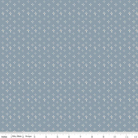 Image of the Honey Locust Daisies Sky quilting cotton fabric by Riley Blake Designs. Features flowers on a blue background.