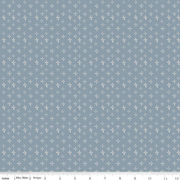Image of the Honey Locust Daisies Sky quilting cotton fabric by Riley Blake Designs. Features flowers on a blue background.