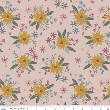 Image of the Honey Locust Gigi's Garden Blush quilting cotton fabric by Riley Blake Designs. Features flowers on a pink background