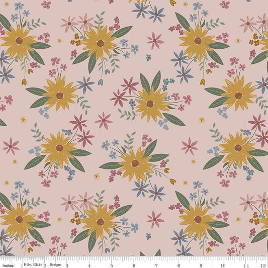 Image of the Honey Locust Gigi's Garden Blush quilting cotton fabric by Riley Blake Designs. Features flowers on a pink background
