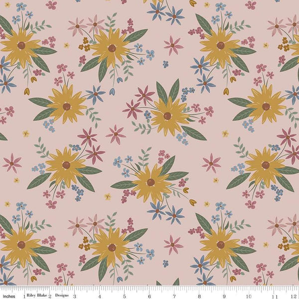 Image of the Honey Locust Gigi&#39;s Garden Blush quilting cotton fabric by Riley Blake Designs. Features flowers on a pink background