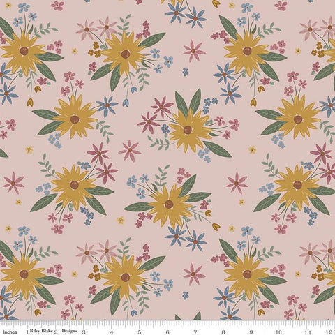 Image of the Honey Locust Gigi&#39;s Garden Blush quilting cotton fabric by Riley Blake Designs. Features flowers on a pink background