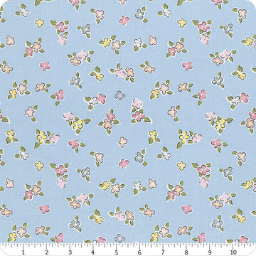 Image of the Love Notes Flowers Blue quilting cotton fabric by Riley Blake Designs. Features flowers on a blue background. Cute Little Fabric Shop