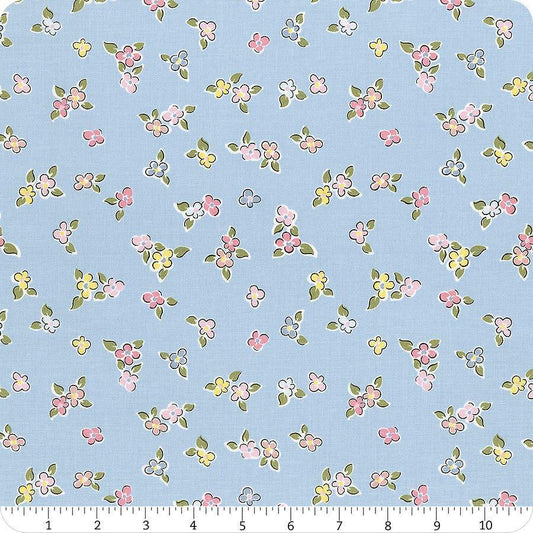 Image of the Love Notes Flowers Blue quilting cotton fabric by Riley Blake Designs. Features flowers on a blue background. Cute Little Fabric Shop