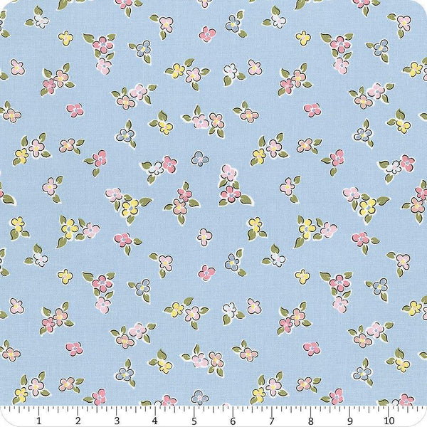 Image of the Love Notes Flowers Blue quilting cotton fabric by Riley Blake Designs. Features flowers on a blue background. Cute Little Fabric Shop