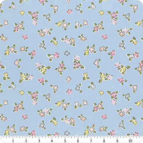 Image of the Love Notes Flowers Blue quilting cotton fabric by Riley Blake Designs. Features flowers on a blue background. Cute Little Fabric Shop