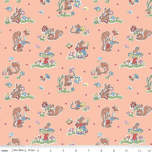 Image of the Love Notes Main Apricot quilting cotton fabric by Riley Blake Designs. Features animals on an orange background. Cute Little Fabric Shop
