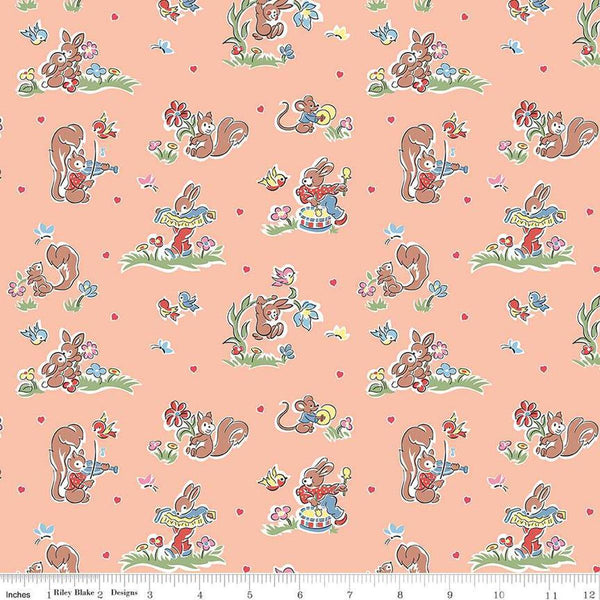 Image of the Love Notes Main Apricot quilting cotton fabric by Riley Blake Designs. Features animals on an orange background. Cute Little Fabric Shop