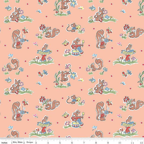 Image of the Love Notes Main Apricot quilting cotton fabric by Riley Blake Designs. Features animals on an orange background. Cute Little Fabric Shop